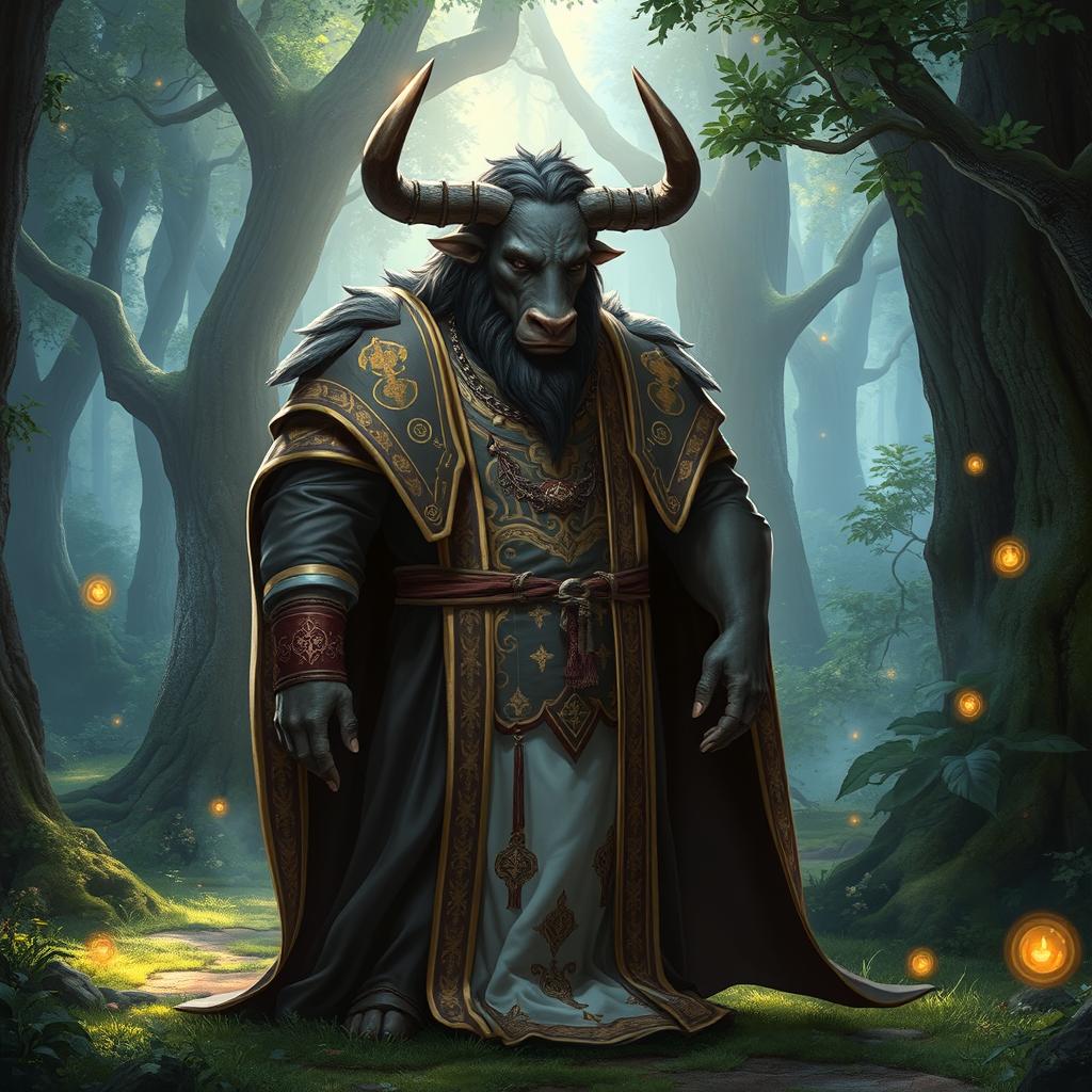 A minotaur clad in elegant cleric robes, standing in a mystical forest clearing