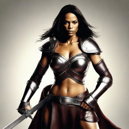 A realistic digital art image of actress Rosario Dawson depicted as a warrior in leather armor, with a broadsword