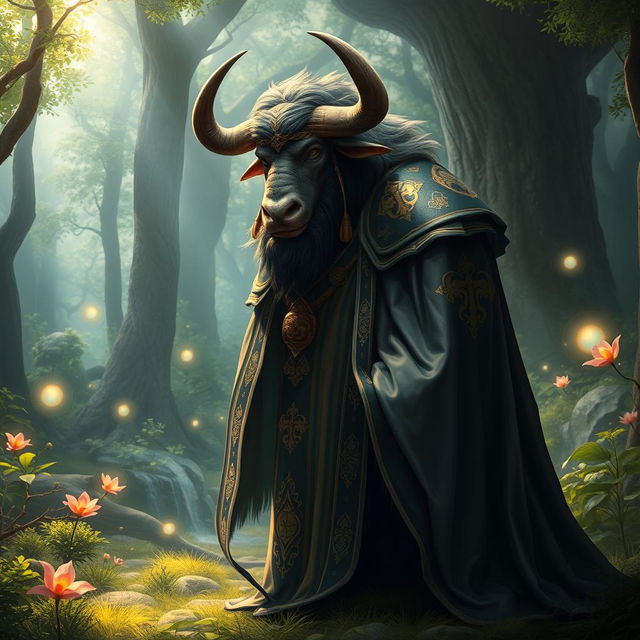 A minotaur clad in elegant cleric robes, standing in a mystical forest clearing