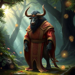 A minotaur clad in elegant cleric robes, standing in a mystical forest clearing
