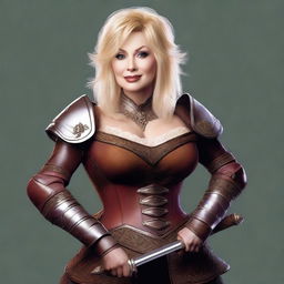 A realistic digital art image of Dolly Parton depicted as a warrior in leather armor, with a sword and a lute