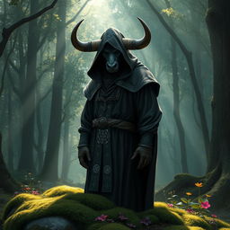 A minotaur dressed in hooded cleric robes, standing in a serene forest setting