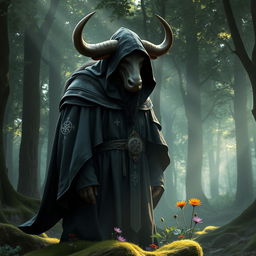 A minotaur dressed in hooded cleric robes, standing in a serene forest setting