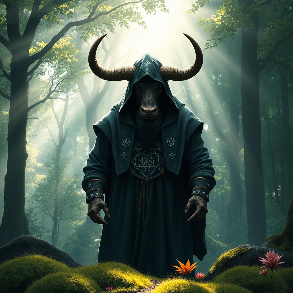 A minotaur dressed in hooded cleric robes, standing in a serene forest setting