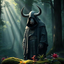 A minotaur dressed in hooded cleric robes, standing in a serene forest setting