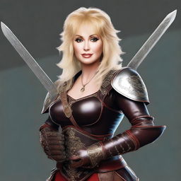 A realistic digital art image of Dolly Parton depicted as a warrior in leather armor, with a sword and a lute