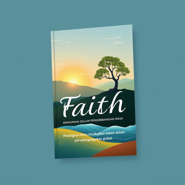 An illustrated book cover design representing the concept of faith, titled "MENGIMANI DALAM PERKEMBANGAN MASA - PENTINGNYA MENGOKOHKAN IMAN DALAM PENGARUH PERKEMBANGAN GLOBAL"