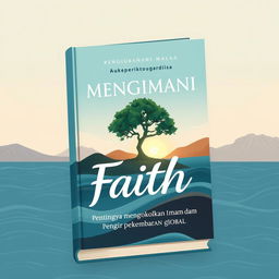 An illustrated book cover design representing the concept of faith, titled "MENGIMANI DALAM PERKEMBANGAN MASA - PENTINGNYA MENGOKOHKAN IMAN DALAM PENGARUH PERKEMBANGAN GLOBAL"