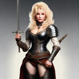 A realistic digital art image of Dolly Parton depicted as a warrior in leather armor, with a sword and a lute