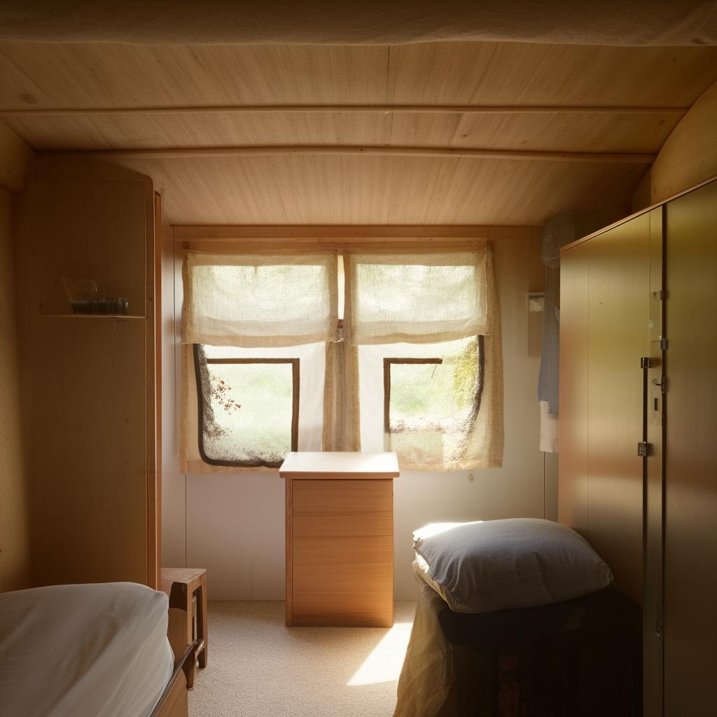 A well-lit room featuring two windows, a door, and a strategically placed cupboard near one window for ventilation. Also includes a comfortable bed and an additional external cupboard.