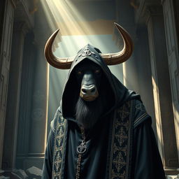 A tall minotaur dressed in hooded cleric robes, standing imposingly yet peacefully within an ancient stone temple adorned with mystical symbols