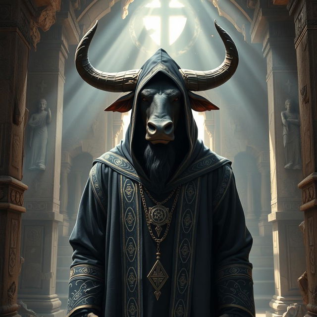 A tall minotaur dressed in hooded cleric robes, standing imposingly yet peacefully within an ancient stone temple adorned with mystical symbols