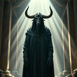 A tall minotaur dressed in hooded cleric robes, standing imposingly yet peacefully within an ancient stone temple adorned with mystical symbols