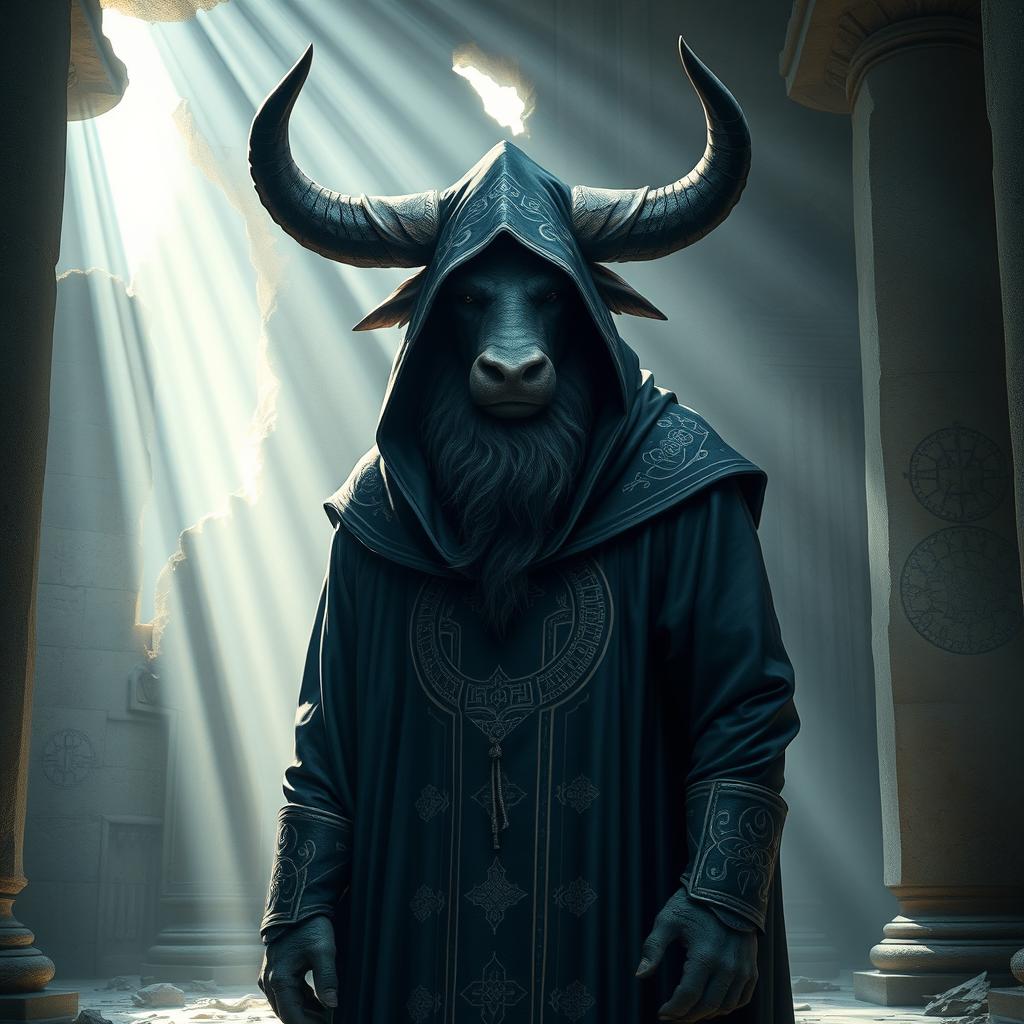 A tall minotaur dressed in hooded cleric robes, standing imposingly yet peacefully within an ancient stone temple adorned with mystical symbols