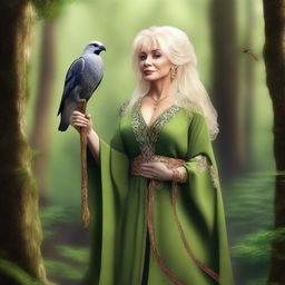 A realistic digital art image of Dolly Parton depicted as a druid in earthy robes, holding a wooden staff and interacting with a bird