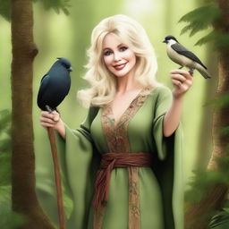 A realistic digital art image of Dolly Parton depicted as a druid in earthy robes, holding a wooden staff and interacting with a bird