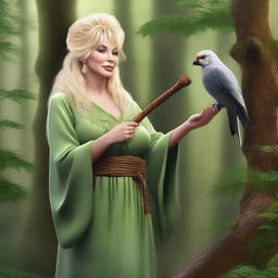 A realistic digital art image of Dolly Parton depicted as a druid in earthy robes, holding a wooden staff and interacting with a bird