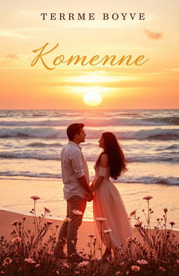 A beautifully designed cover for a romantic novel, featuring a serene sunset over a beach with gently crashing waves