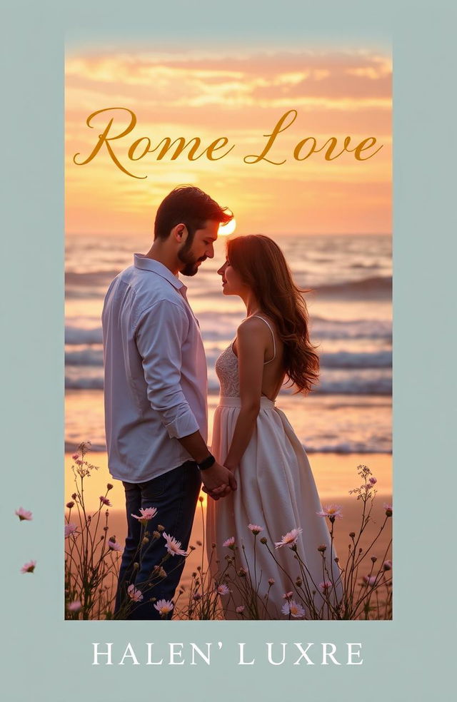 A beautifully designed cover for a romantic novel, featuring a serene sunset over a beach with gently crashing waves