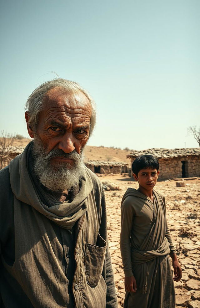 A dramatic scene depicting a small village suffering from a drought, with a weary, angry old man standing in the foreground