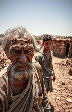 A dramatic scene depicting a small village suffering from a drought, with a weary, angry old man standing in the foreground