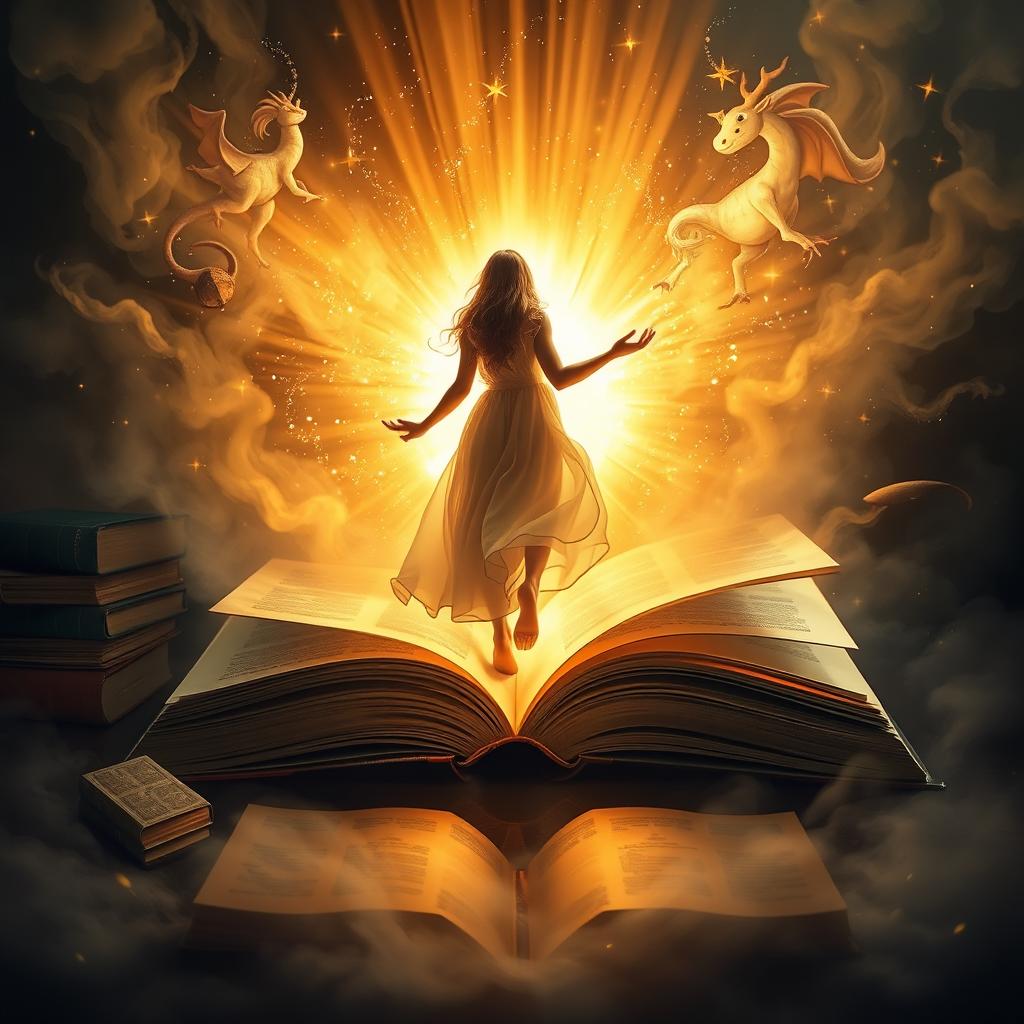 A captivating scene featuring an open book radiating bright, magical light from its pages