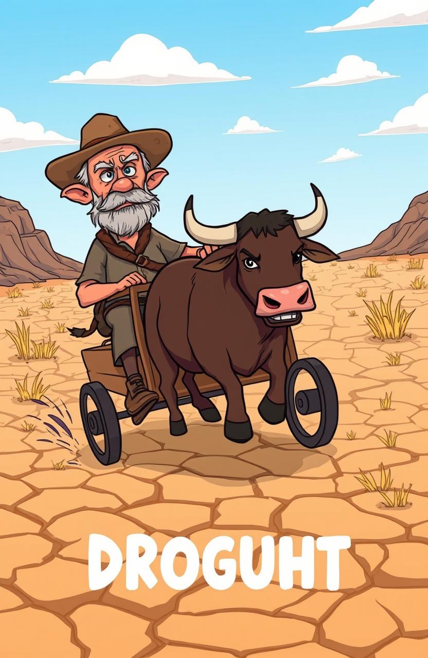 A cartoon-style illustration of an old, angry man driving a bullcart across a dry, cracked earth landscape, representing a drought