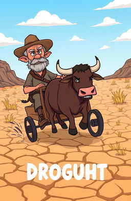 A cartoon-style illustration of an old, angry man driving a bullcart across a dry, cracked earth landscape, representing a drought