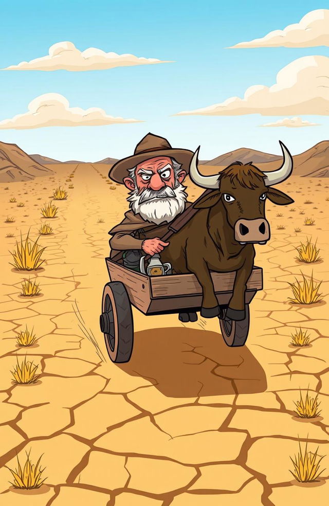 A cartoon-style illustration of an old, angry man driving a bullcart across a dry, cracked earth landscape, representing a drought