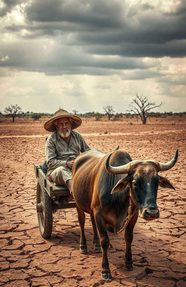 A desolate drought-stricken landscape, cracked earth stretches as far as the eye can see under a scorching sun