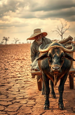 A desolate drought-stricken landscape, cracked earth stretches as far as the eye can see under a scorching sun