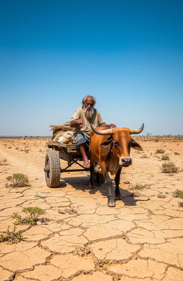 An old, angry man driving a bullcart through a parched, drought-stricken landscape