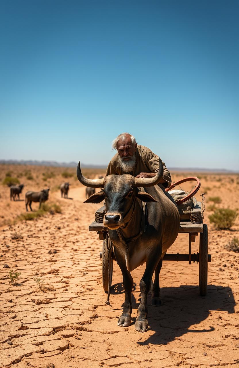 An old, angry man driving a bullcart through a parched, drought-stricken landscape