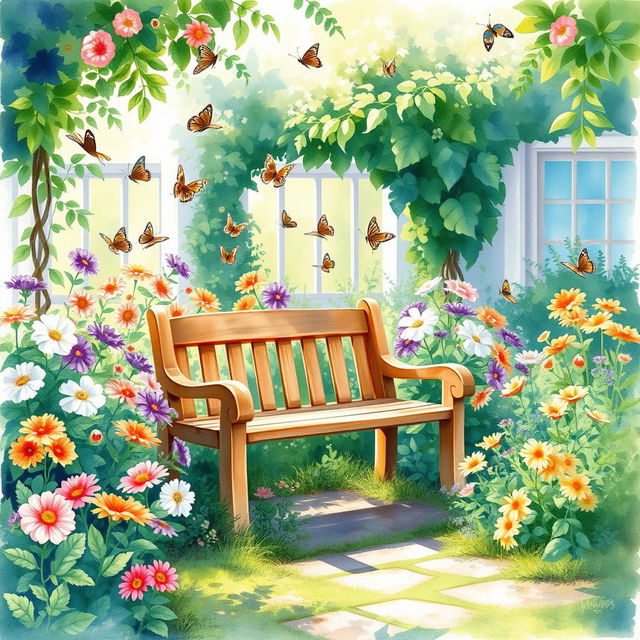 A serene watercolor painting depicting a lush school garden, filled with vibrant flowers and greenery, featuring a quaint wooden bench