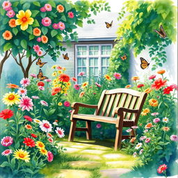 A serene watercolor painting depicting a lush school garden, filled with vibrant flowers and greenery, featuring a quaint wooden bench