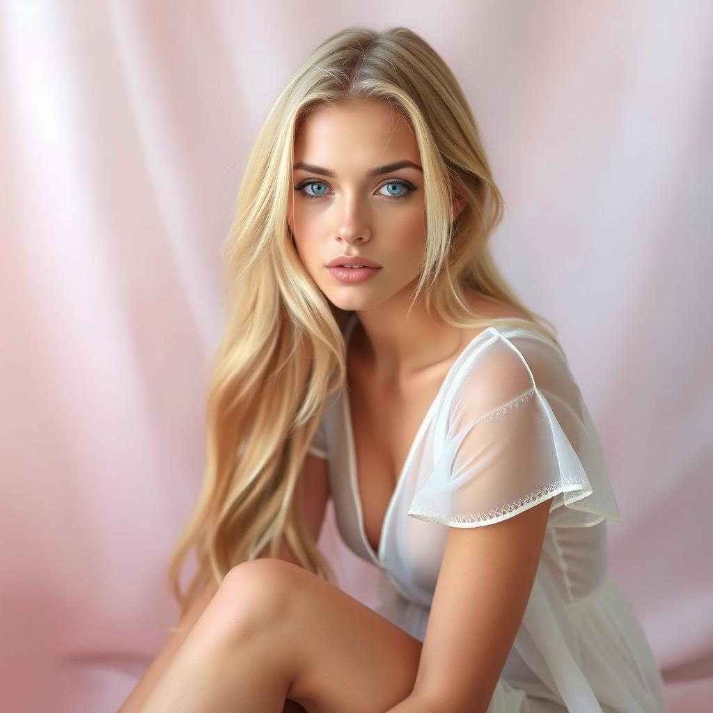 A strikingly beautiful young woman with long, flowing blonde hair, sitting elegantly against a soft, dreamy pastel background