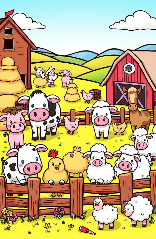 A charming farm scene featuring various adorable farm animals such as cows, pigs, sheep, chickens, and a horse, all in a cartoonish style perfect for a children's coloring book