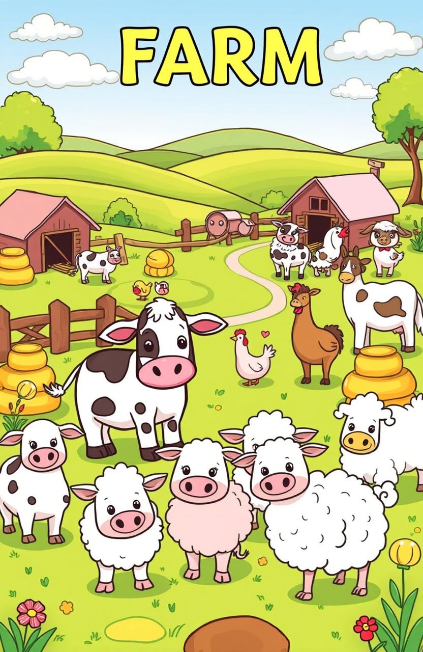 A charming farm scene featuring various adorable farm animals such as cows, pigs, sheep, chickens, and a horse, all in a cartoonish style perfect for a children's coloring book