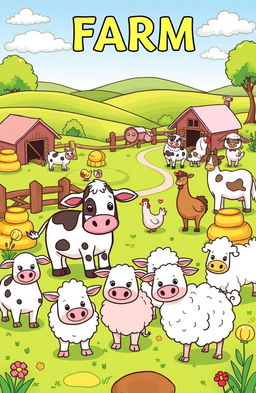 A charming farm scene featuring various adorable farm animals such as cows, pigs, sheep, chickens, and a horse, all in a cartoonish style perfect for a children's coloring book