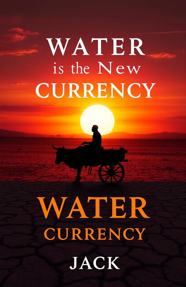 A stunning book cover design for 'Water is the New Currency' written by Jack, featuring drought-stricken land under a vivid sunset with a large, glowing sun in the distance