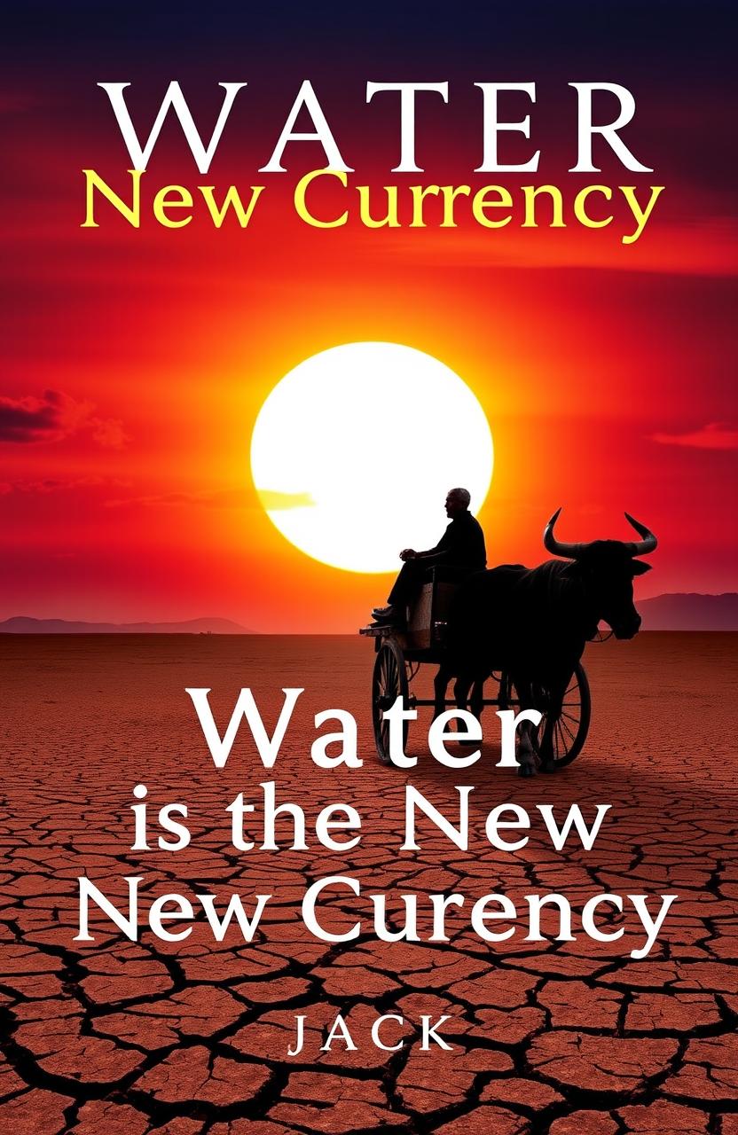 A stunning book cover design for 'Water is the New Currency' written by Jack, featuring drought-stricken land under a vivid sunset with a large, glowing sun in the distance