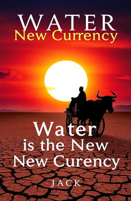 A stunning book cover design for 'Water is the New Currency' written by Jack, featuring drought-stricken land under a vivid sunset with a large, glowing sun in the distance