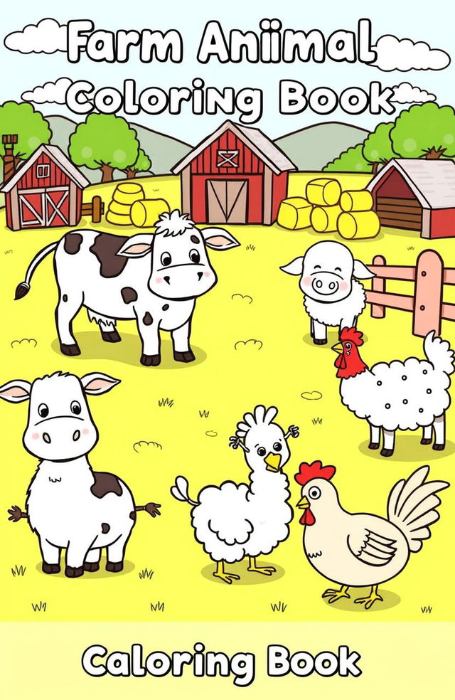 A collection of farm animals in a coloring book style, featuring a happy cow, a playful pig, a cheerful sheep, and a clucking hen in a picturesque farm setting