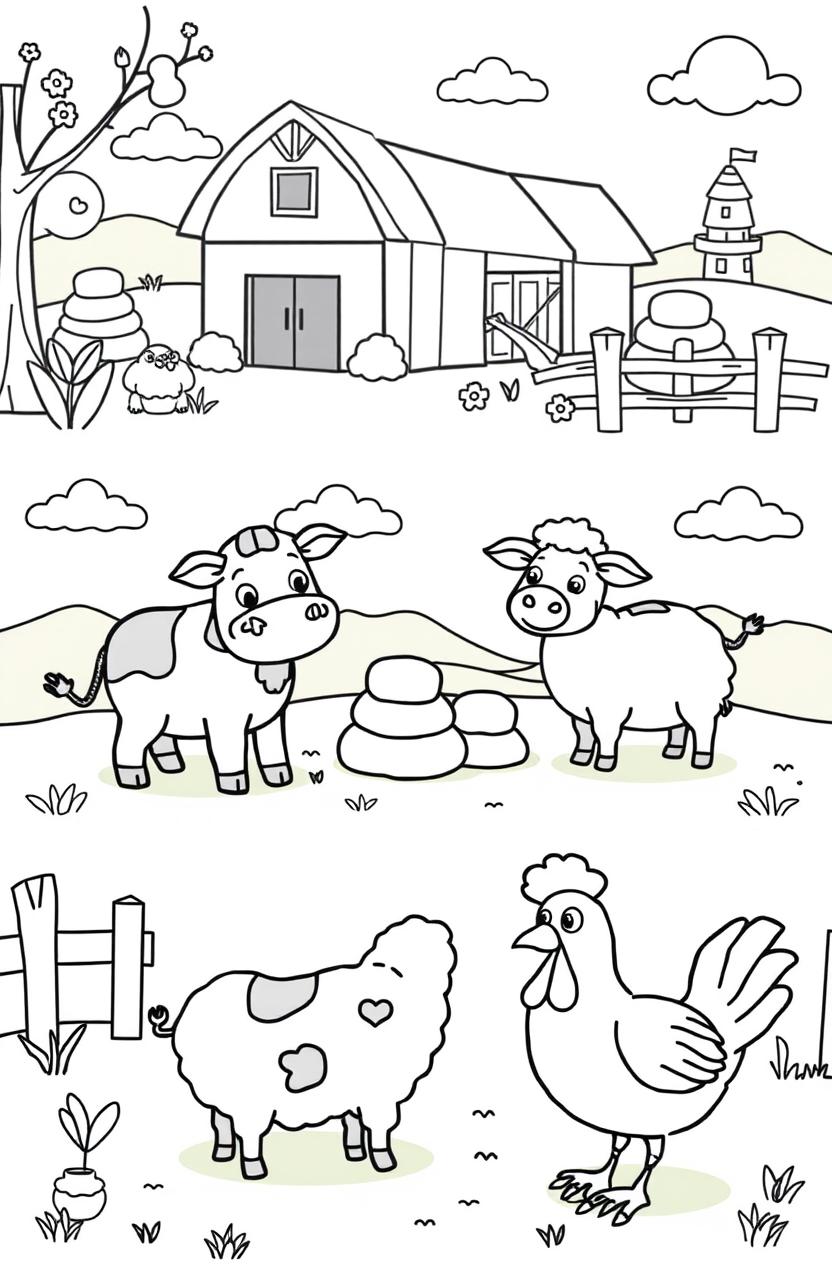 A collection of farm animals in a coloring book style, featuring a happy cow, a playful pig, a cheerful sheep, and a clucking hen in a picturesque farm setting