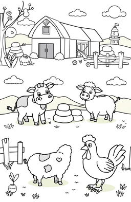 A collection of farm animals in a coloring book style, featuring a happy cow, a playful pig, a cheerful sheep, and a clucking hen in a picturesque farm setting