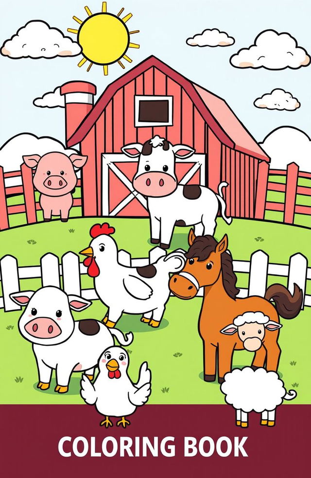 A delightful collection of farm animals for a coloring book, featuring a variety of animals including a playful pig, a gentle cow, a clucking chicken, a friendly horse, and a curious sheep