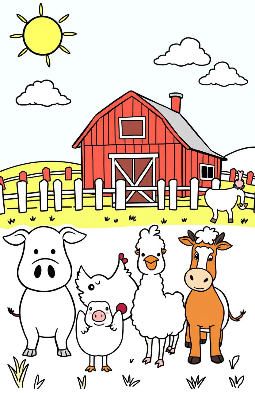 A delightful collection of farm animals for a coloring book, featuring a variety of animals including a playful pig, a gentle cow, a clucking chicken, a friendly horse, and a curious sheep