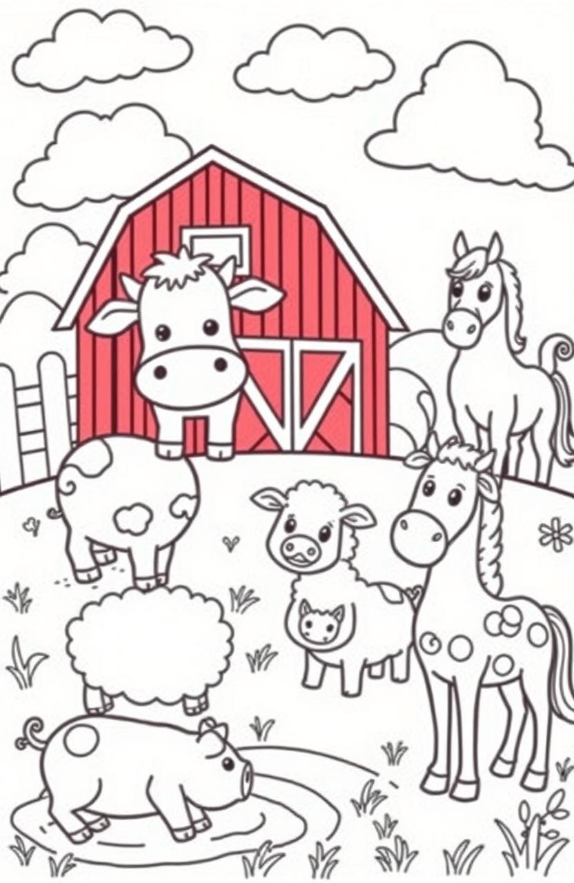 A delightful coloring book page featuring a variety of farm animals including a big smiling cow grazing in a lush green pasture, a fluffy sheep with a playful expression, a happy pig rolling in the mud, and a majestic horse standing proudly