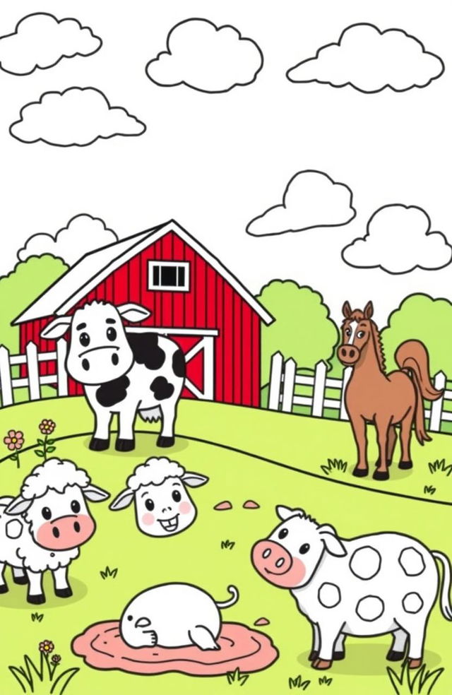 A delightful coloring book page featuring a variety of farm animals including a big smiling cow grazing in a lush green pasture, a fluffy sheep with a playful expression, a happy pig rolling in the mud, and a majestic horse standing proudly