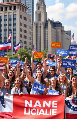 A visually engaging political marketing campaign concept, showcasing a diverse group of enthusiastic supporters holding up colorful signs, wearing campaign merchandise, and passionately rallying in a vibrant urban setting